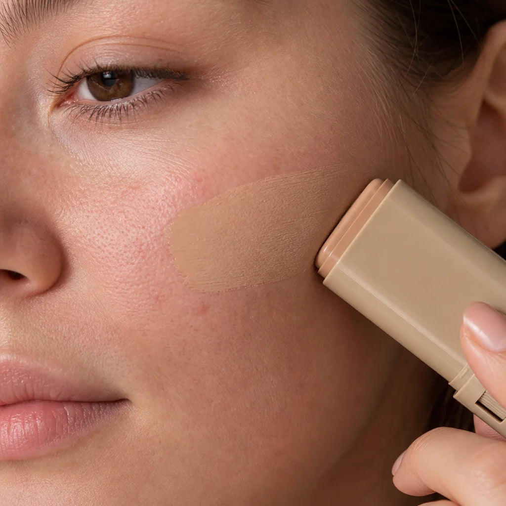 Close-up macro shot of a woman's cheek with natural visible redness, and a stroke of Perfect Tone Es