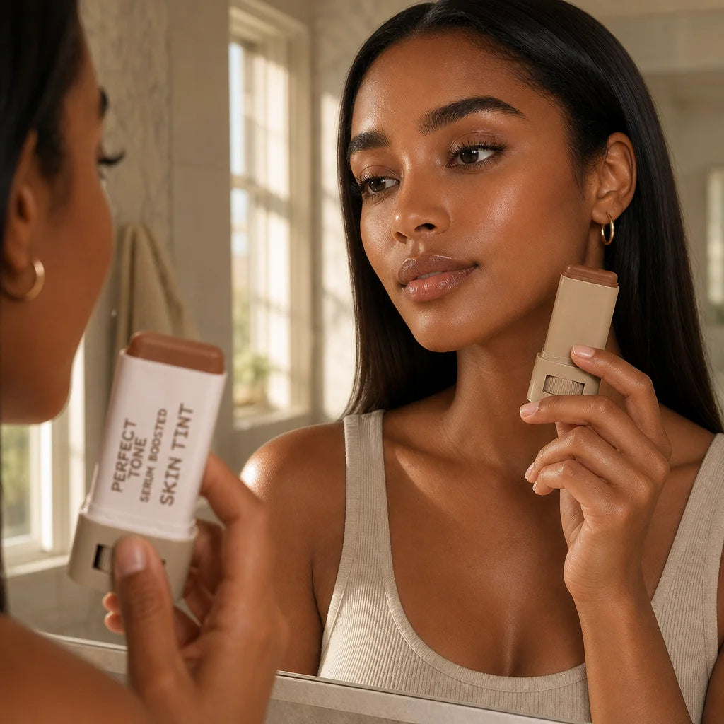 Portrait of a woman with deep skin tone, looking into a mirror with satisfaction, her skin glowing w