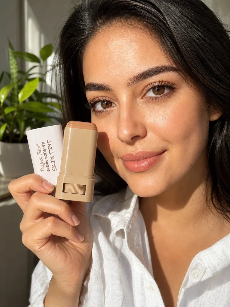 Portrait of a smiling woman with light-medium skin tone, holding the Perfect Tone Essential Skin Tin