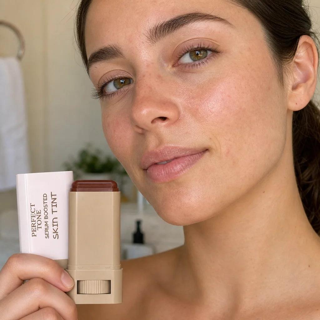 Close-up of a woman with sensitive skin, showing calm, soothed complexion after using the Perfect To