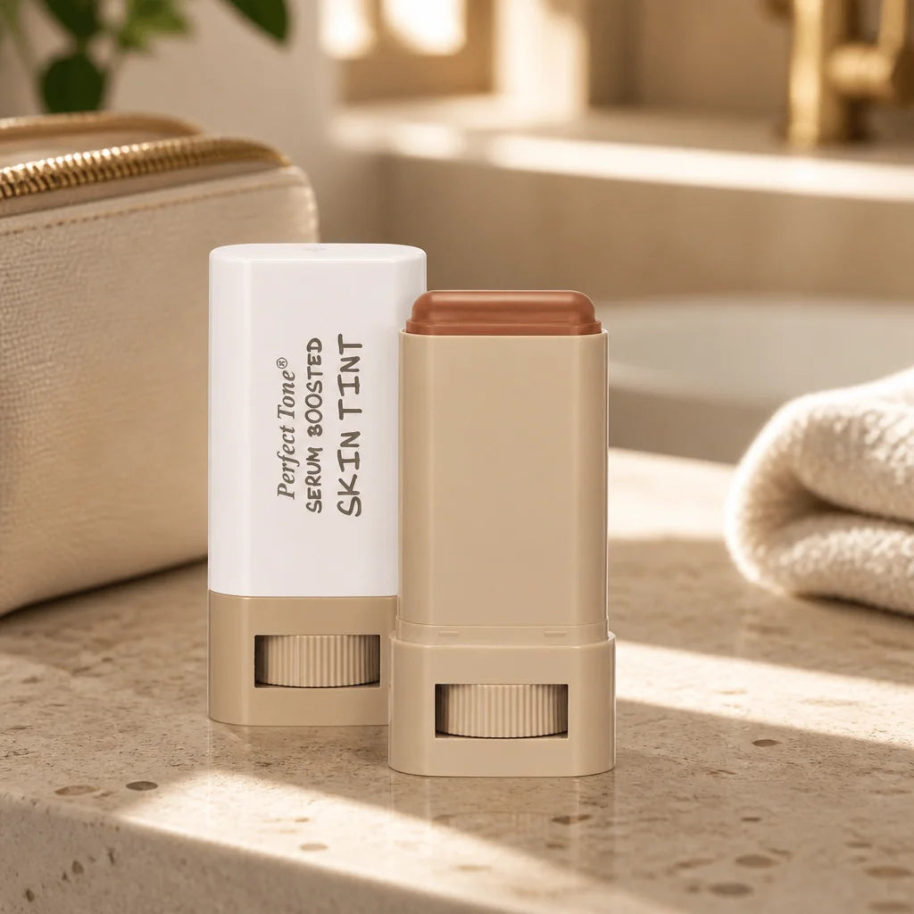 Two Perfect Tone Essential Skin Tint sticks arranged on a warm terrazzo countertop in a sunlit bathr