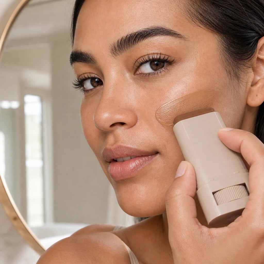 Close-up of a woman's hand holding the Perfect Tone Essential Skin Tint stick and swiping it across