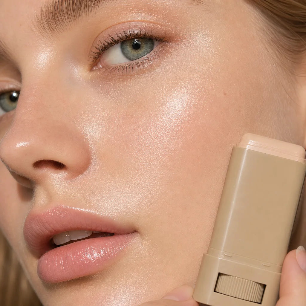 Extreme close-up of a woman's light skin, dewy and plump after applying the Perfect Tone Essential S
