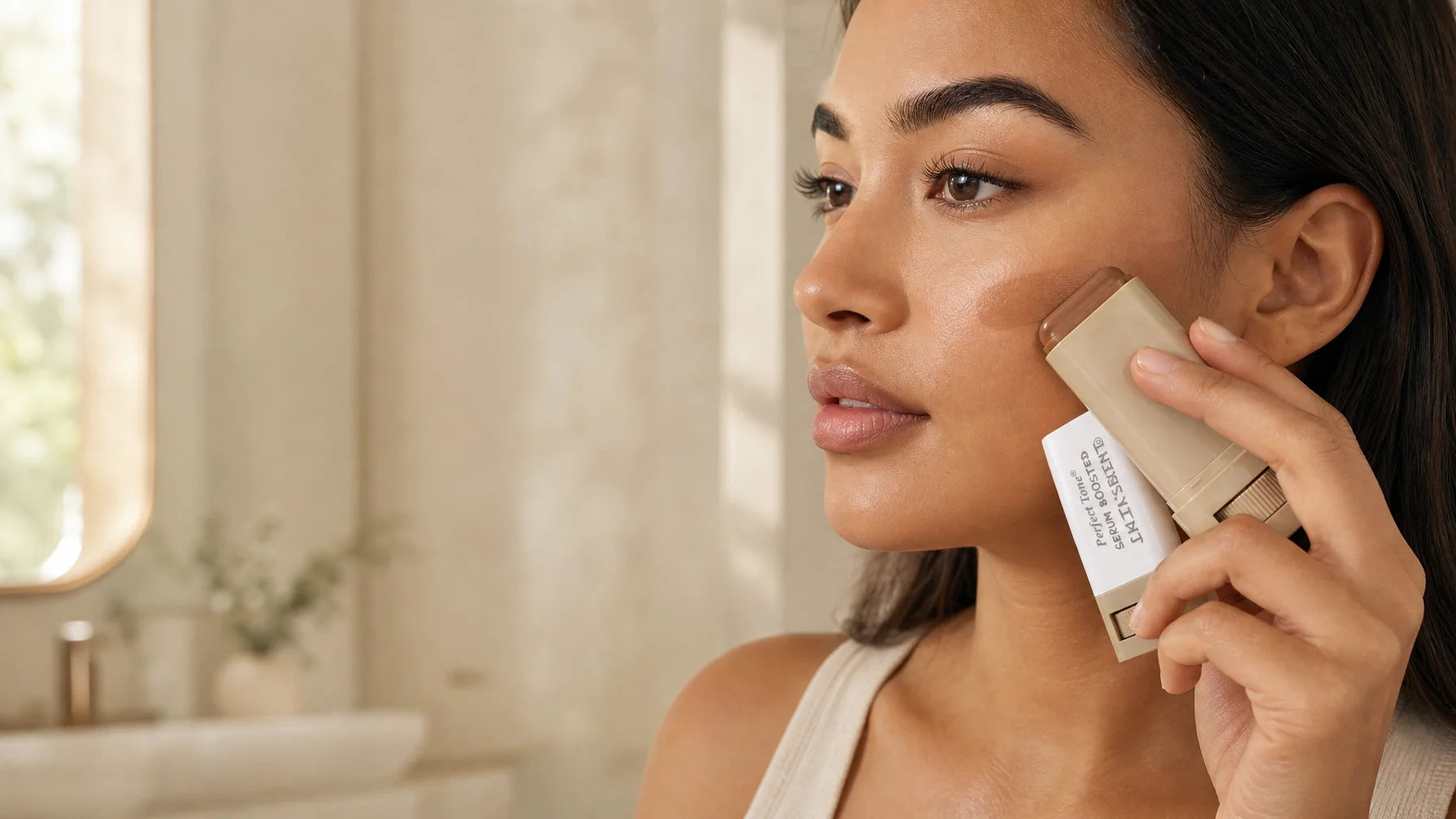 Wide 16:9 lifestyle hero. A woman with medium skin tone, shot from the side, applies the Perfect Ton