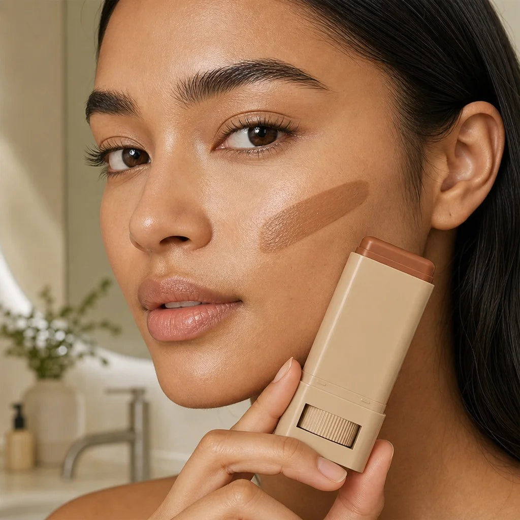 Close-up of a woman's medium skin tone, looking calm and soothed, with a streak of Perfect Tone Esse