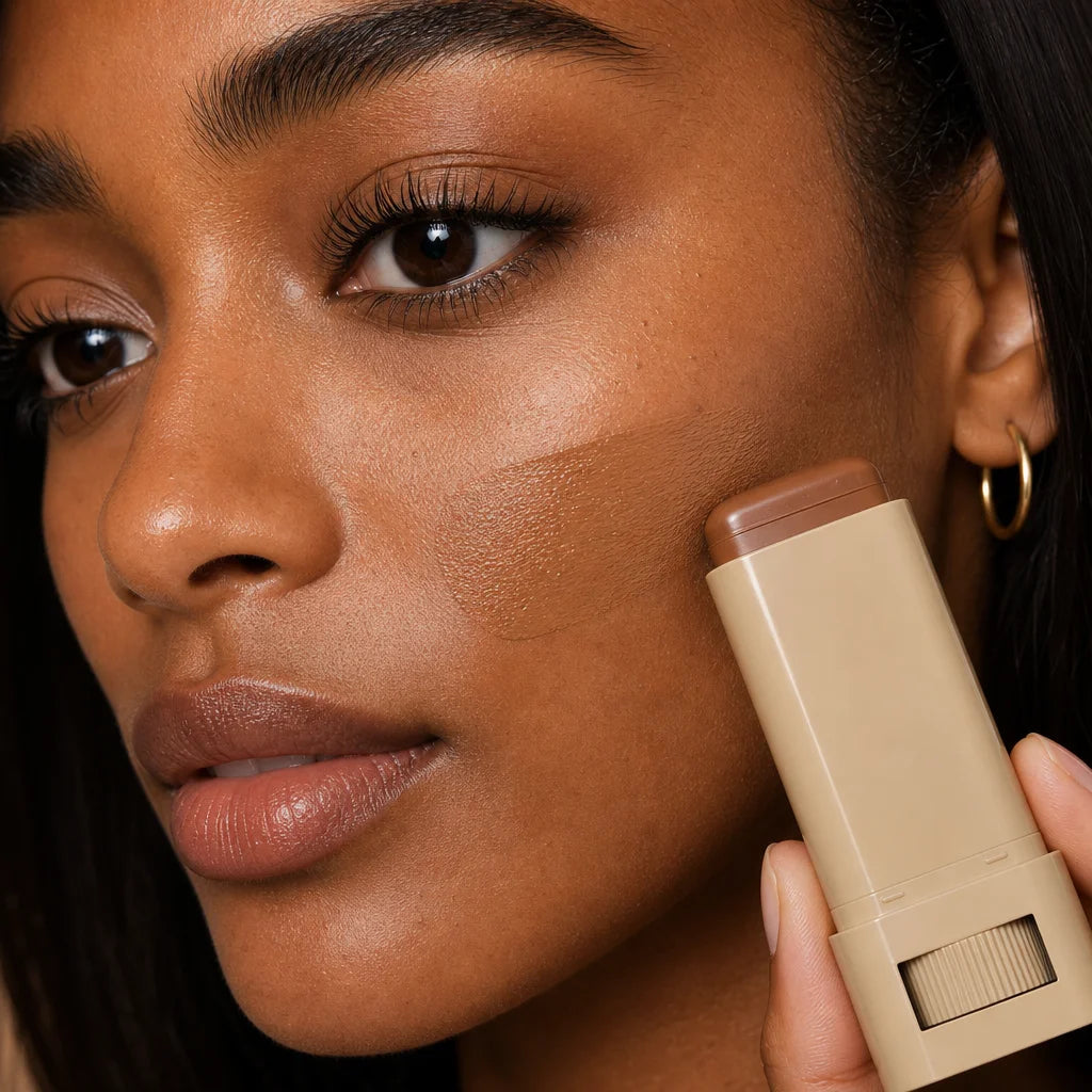 Close-up macro of a woman's deep skin tone, with a swatch of Perfect Tone Essential Skin Tint stick
