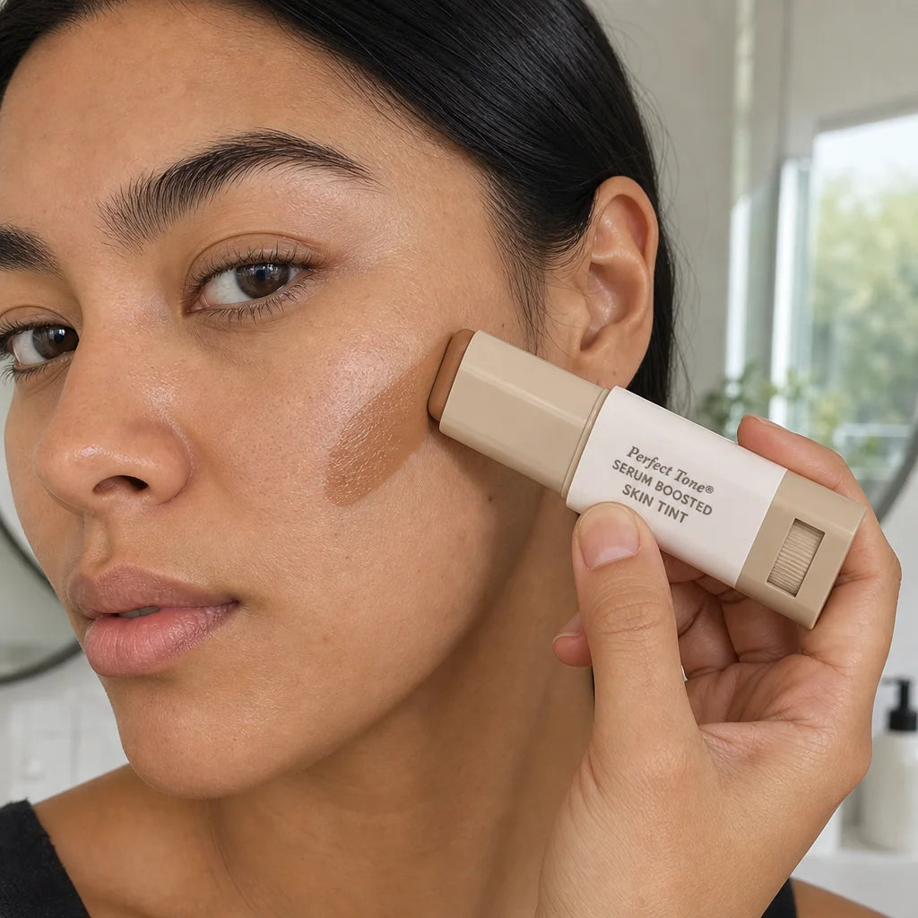 Close-up of a woman's hand holding the Perfect Tone Essential Skin Tint stick and swiping it directl