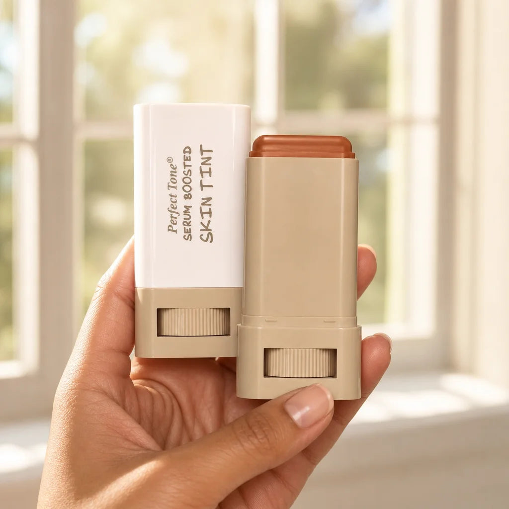 A woman's hand holds two Perfect Tone Essential Skin Tint sticks, one with cap removed revealing the