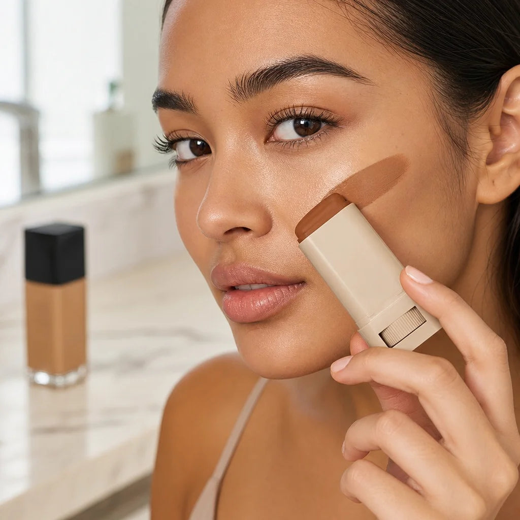 Close-up of a woman's hand holding the Perfect Tone Essential Skin Tint stick and swiping it across