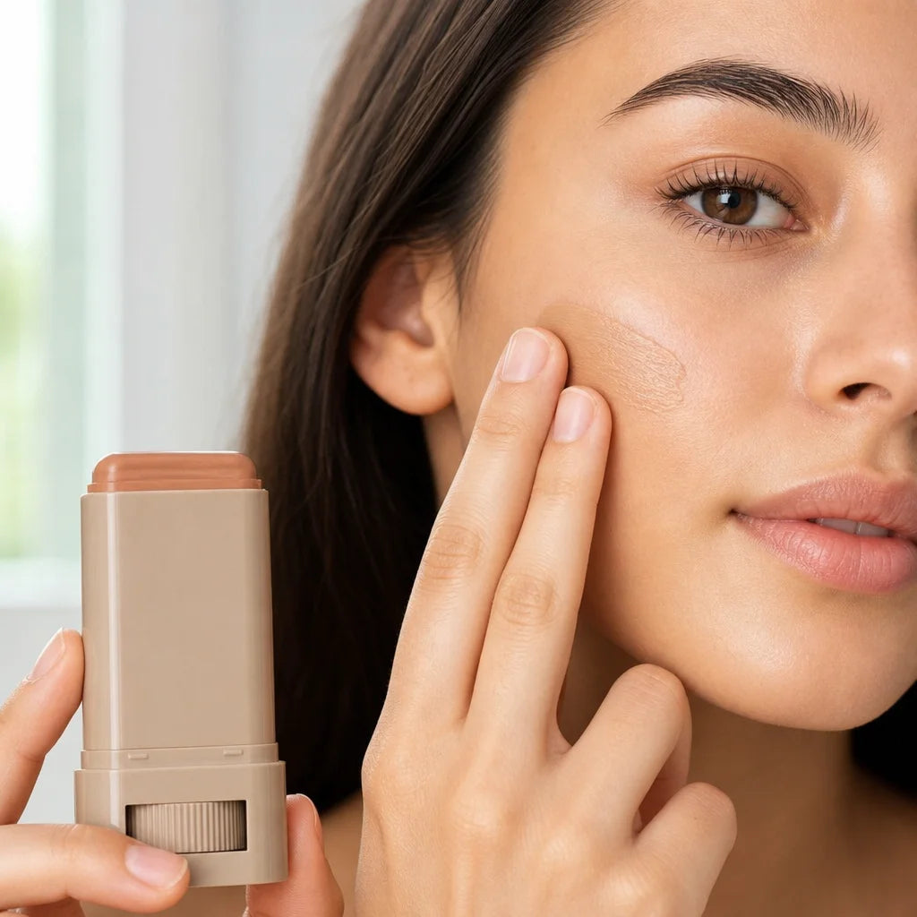 Close-up of a woman's fingers blending the Perfect Tone Essential Skin Tint product on her skin, the