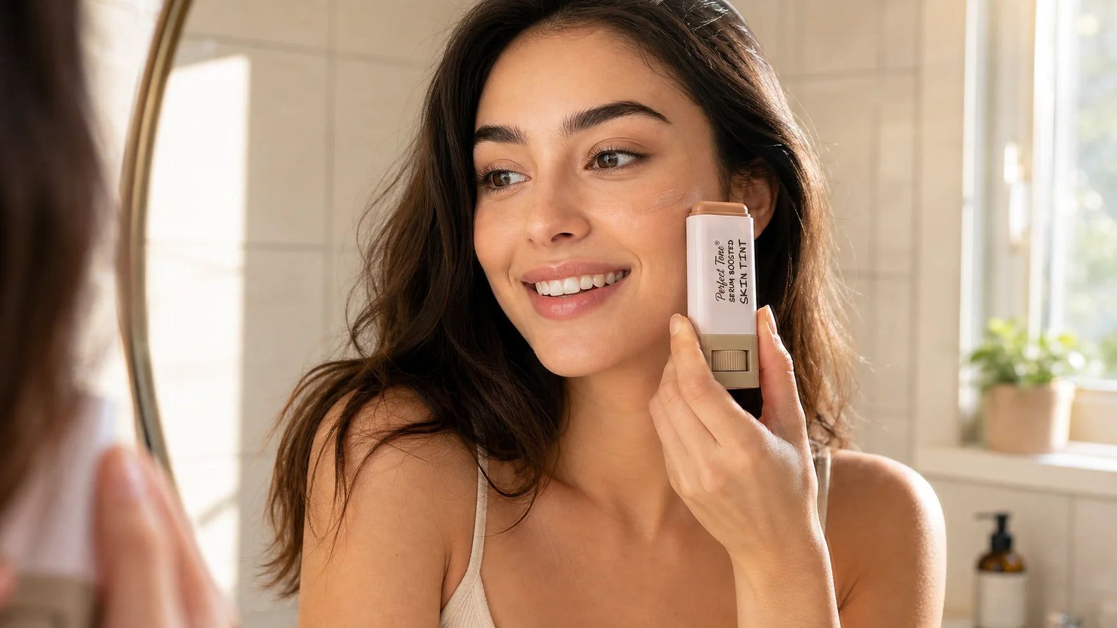 Lifestyle photograph of a smiling woman with radiant, natural skin, applying the Perfect Tone Essent